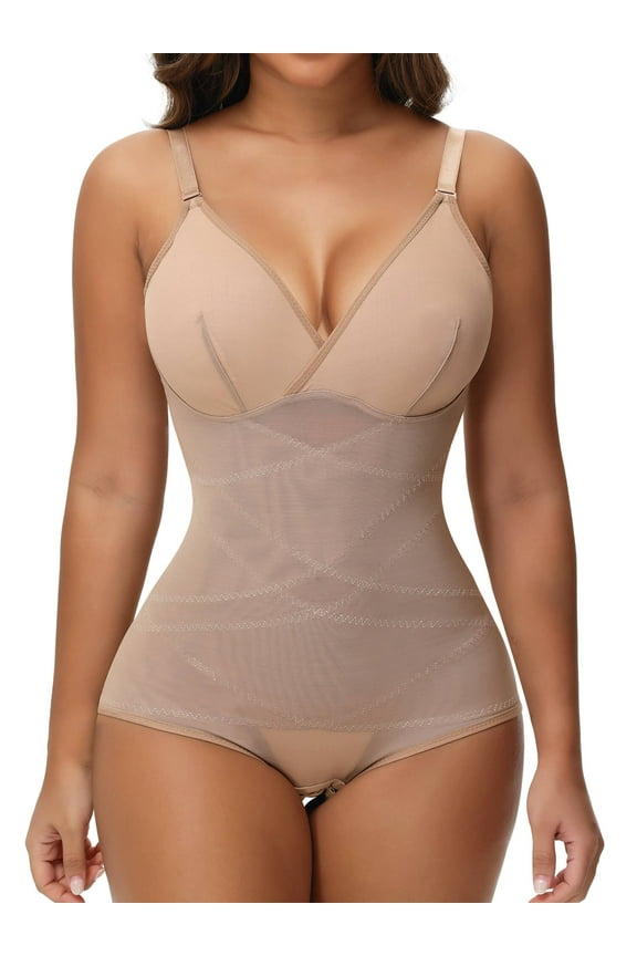 Shapewear Bodysuit for Women Tummy Control Body Shaper V-Neck Cami Bodysuit with Built in Bra