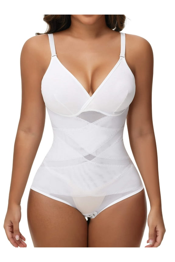 Shapewear Bodysuit for Women Tummy Control Body Shaper V-Neck Cami Bodysuit with Built in Bra