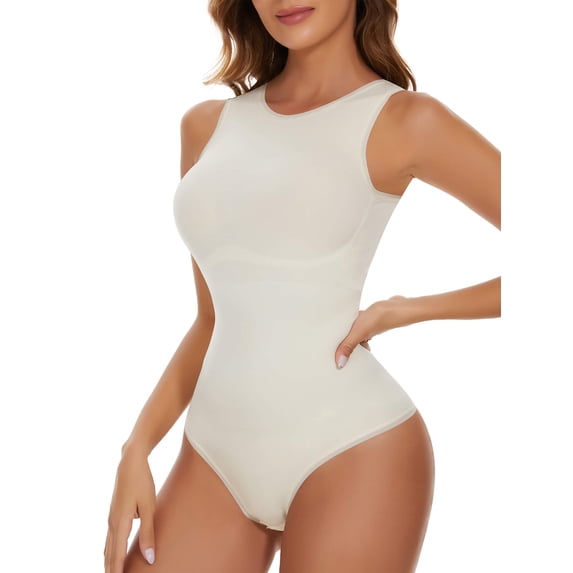 MANIFIQUE Women's Tummy Control Shapewear Bodysuit High Neck Seamless Body Shaper Sleeveless Racerback Thong Body Suit Tank