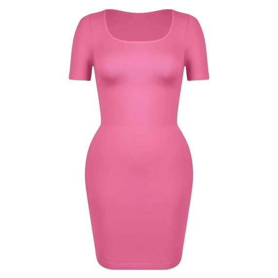 MANIFIQUE Shapewear Slips for Under Dresses, Square Neckine Tummy Control Short Sleeve Seamless Slim Fit Mini Dresses