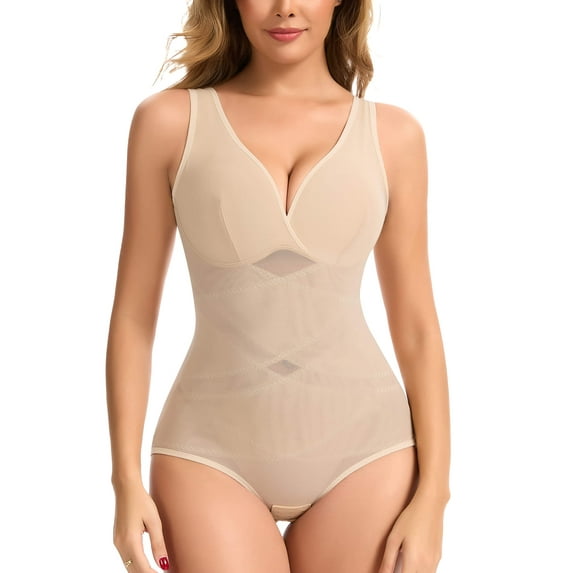 MANIFIQUE Shapewear for Women Tummy Control Bodysuit Faja Body Shaper Waist Trainer V Neck Body Suit with Built in Bra