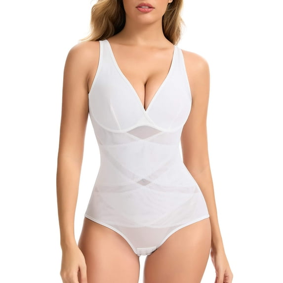 MANIFIQUE Shapewear for Women Tummy Control Bodysuit Faja Body Shaper Waist Trainer V Neck Body Suit with Built in Bra
