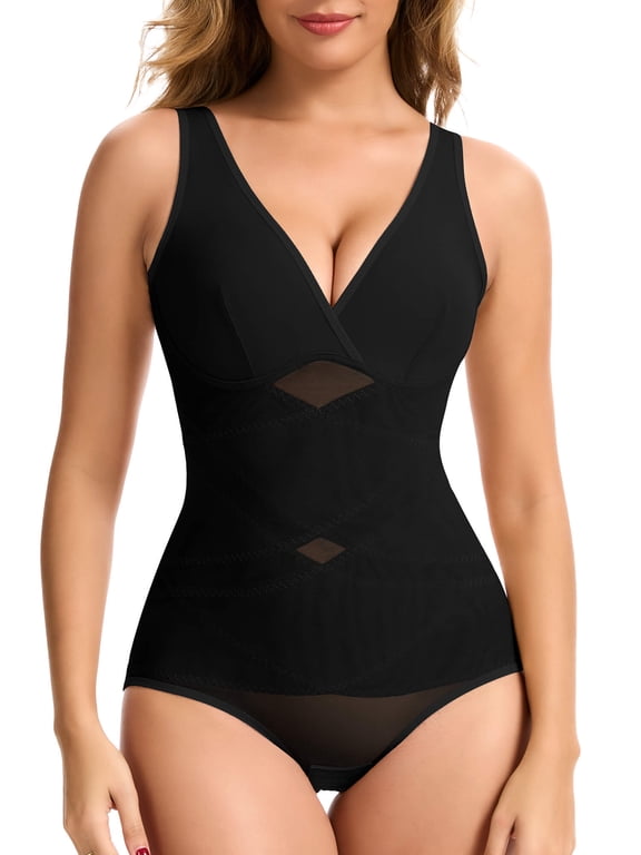 Shapewear for Women Tummy Control Bodysuit Faja Body Shaper Waist Trainer V Neck Body Suit with Built in Bra
