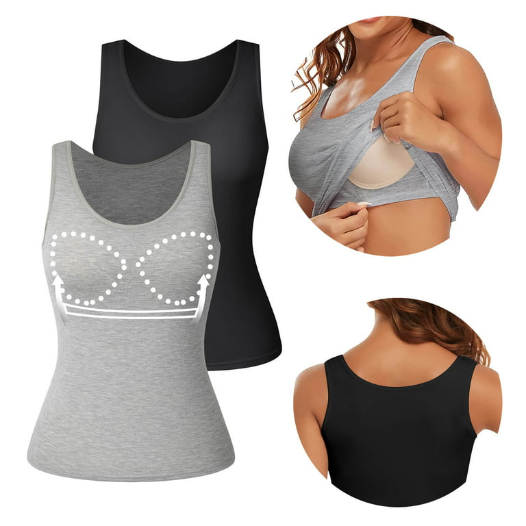 MANIFIQUE Tank Tops for Women Basic Camisole with Built in Bra Casual Wide  Strap Undershirts Layer Top Black/Grey S