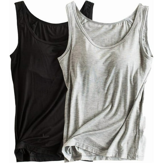 MANIFIQUE 2 Packs Tank Top for Women with Built-in Padded Bra Wide Strap Camisole Breathable Cami Shirts