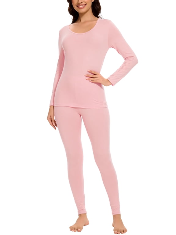 Thermal Underwear Set for Women Ultra Thin Long Johns Scoop Neck Base Layer Top & Bottom Set