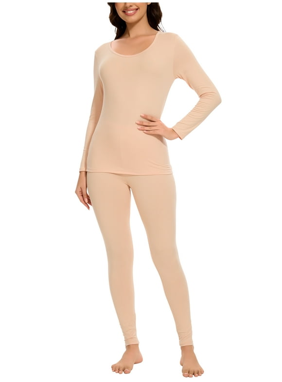 Thermal Underwear Set for Women Ultra Thin Long Johns Scoop Neck Base Layer Top & Bottom Set