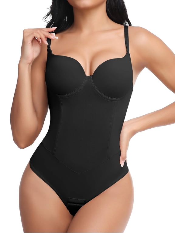 Thong Shapewear Bodysuit for Women Tummy Control Slim Body Shaper V Neck Faja with Built-in Bra