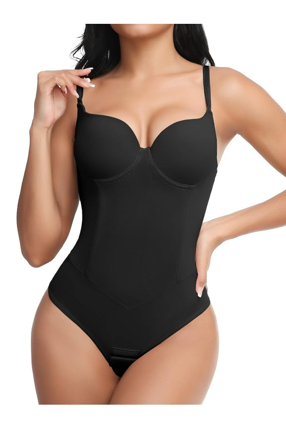 Thong Shapewear Bodysuit for Women Tummy Control Slim Body Shaper V Neck Faja with Built-in Bra