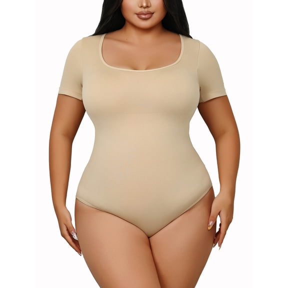 MANIFIQUE Women Bodysuits Short Sleeve Square Neck Stretch Lounge Travel Bodysuits Plus Size Shapewear