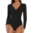 thumbnail image 1 of MANIFIQUE Women's Cross Wrap Ruched Plunge Neck Deep V Long Sleeve Bodysuits, 1 of 6