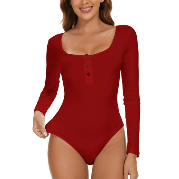 MANIFIQUE Women's Henley Shirt Square Neck Button Down Ribbed Tank Top Long Sleeve Bodysuits