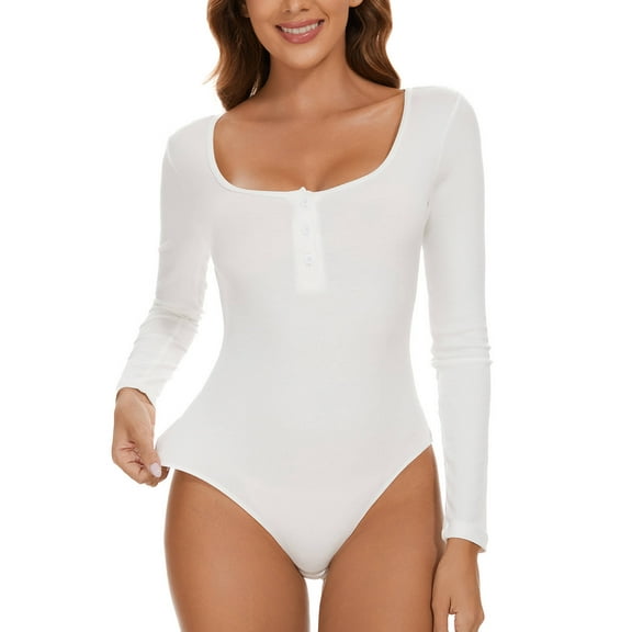 MANIFIQUE Women's Henley Shirt Square Neck Button Down Ribbed Tank Top Long Sleeve Bodysuits