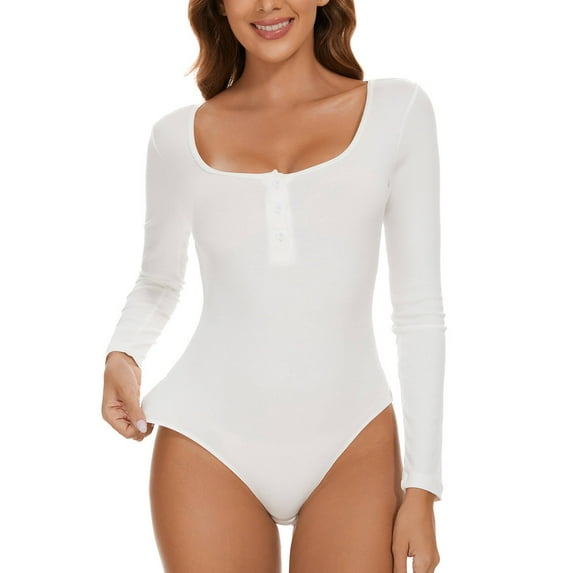 MANIFIQUE Women's Henley Shirt Square Neck Button Down Ribbed Tank Top Long Sleeve Bodysuits