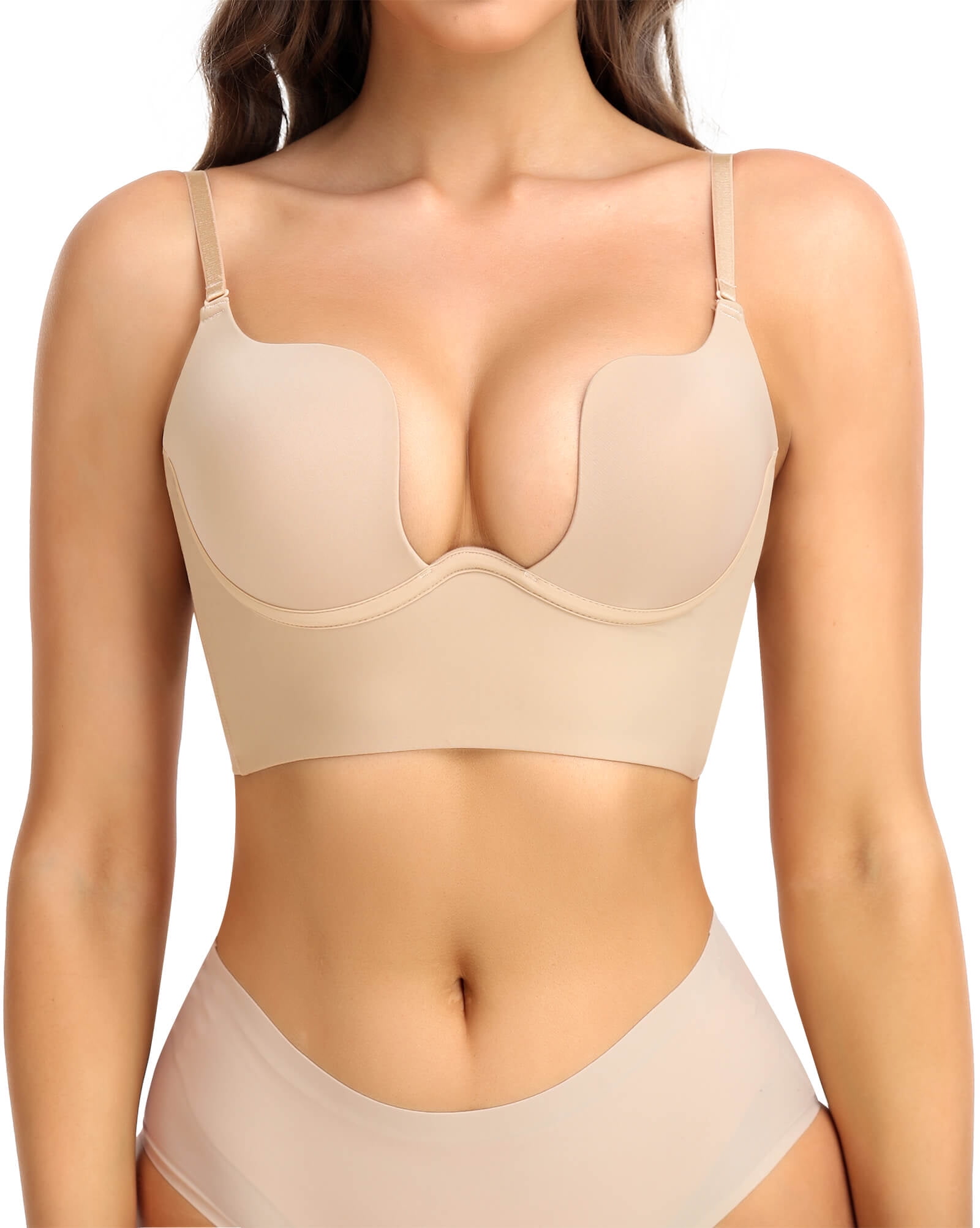 Womens Deep V Plunge Convertible Bra with Clear Straps Low Back