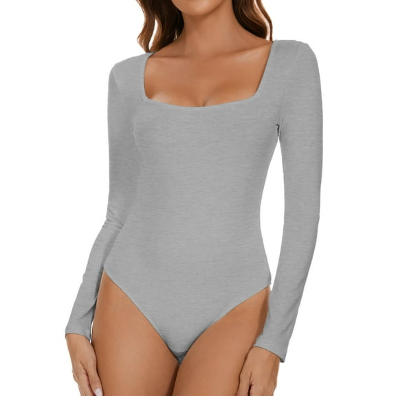 MANIFIQUE Women's Sexy Square Neck Bodysuit Long Sleeve Double Lined Shirt Tops
