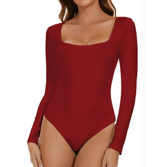 MANIFIQUE Women's Sexy Square Neck Bodysuit Long Sleeve Double Lined Shirt Tops