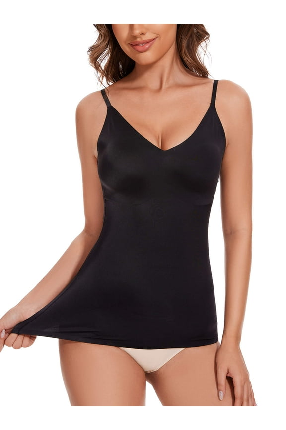 Women's Solid V-Neck Tummy Control Compression Camisole Top & Shapewear, Black, 1-Pack