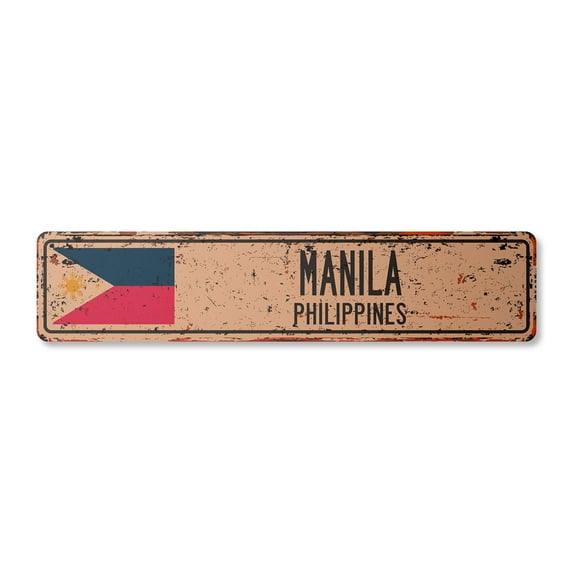 MANILA PHILIPPINES Vintage Plastic Street Sign Filipino flag city country road wall gift | Indoor/Outdoor | 30" Wide