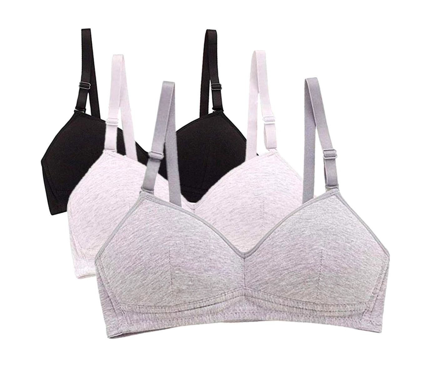 Teen Girls Seamless Bra Cotton Bras Adjustable Straps 3-Pack (Black/Light  Grey/White, 32)