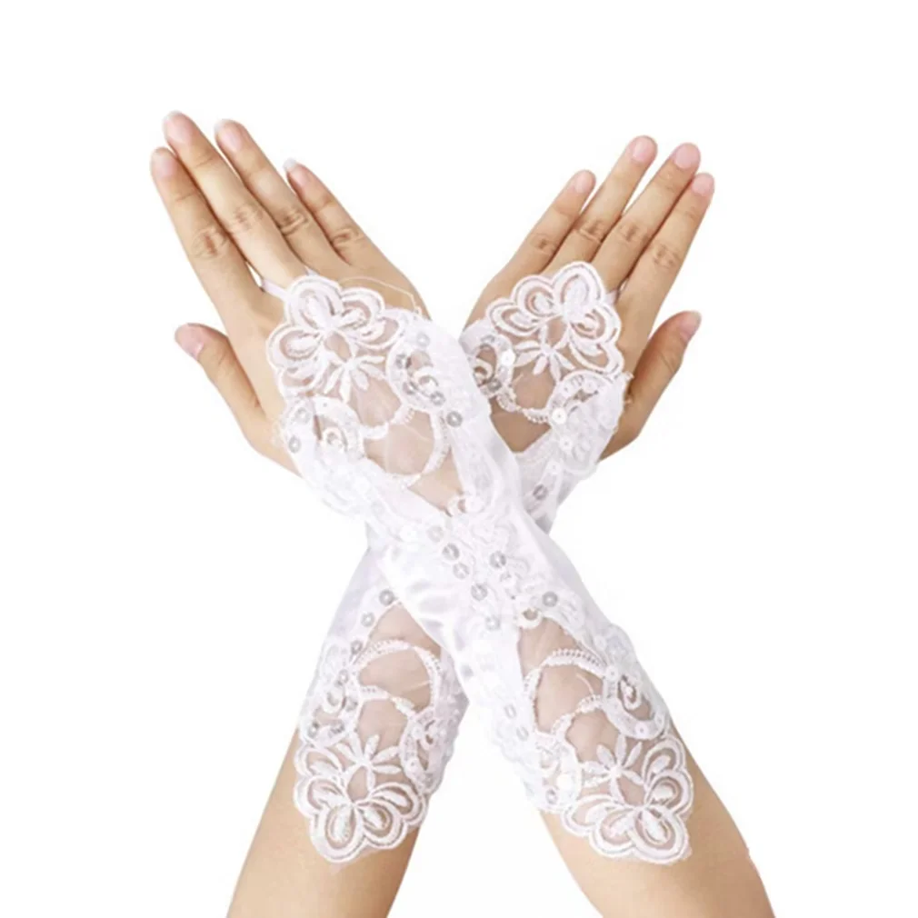 Embroidered Fingerless Lace Gloves Short Prom Bridal Wrist