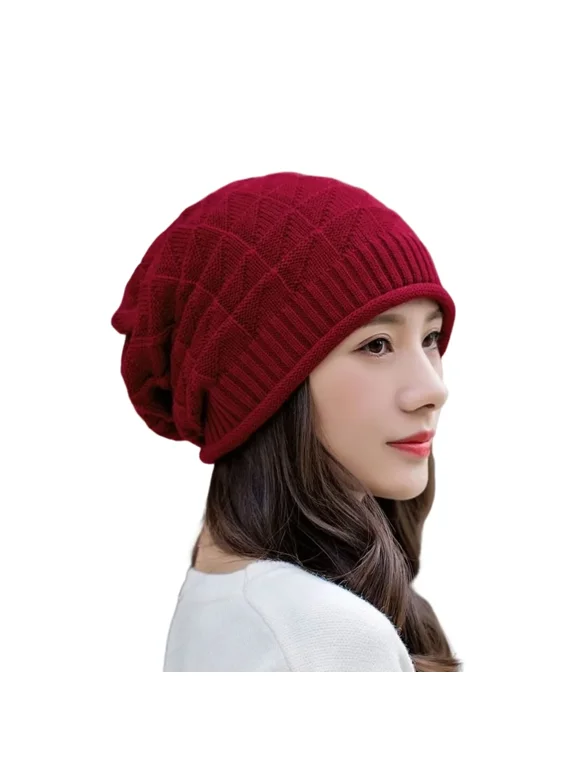 Ladies Slouchy Winter Knit Beanie Hats Knit Chunky Hat Warm Ski Cap for Women Red