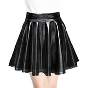 MANJIAMEI Women Ladies PU Leather Mini Skirt Sexy High Waist Shiny Metallic Skirt for Party Cocktail Dress Performance Costume-Black