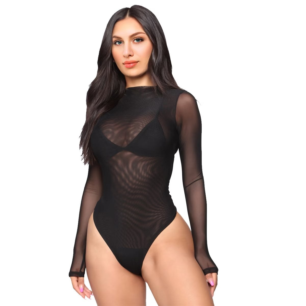 MANJIAMEI Women Long Sleeves Bodysuit Stretch Sheer Mesh See Through