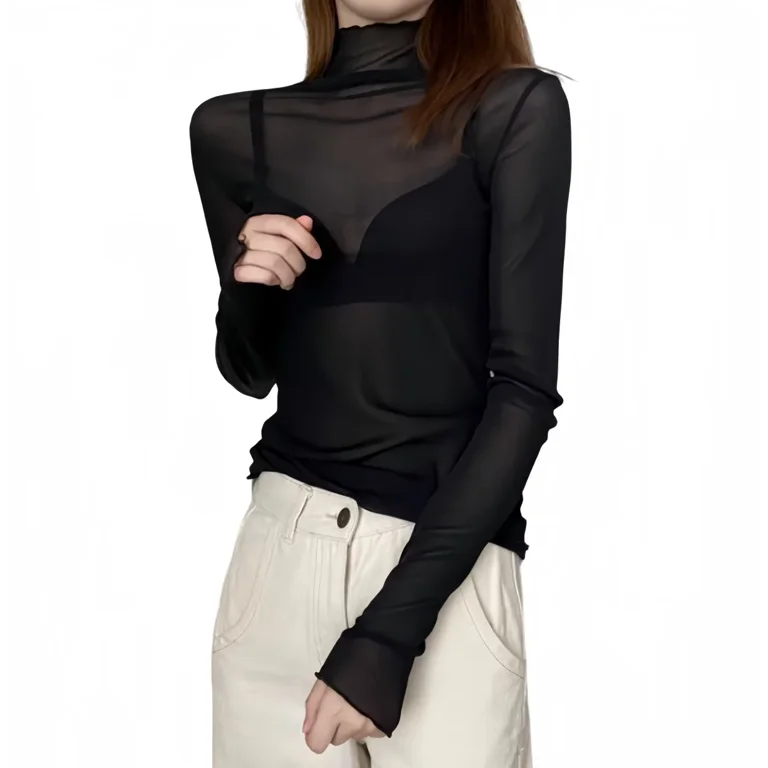 Celebrities Elegant Solid See-through Mesh Turtleneck Tops Celebrities Elegant Solid See-through Mesh Turtleneck Tops