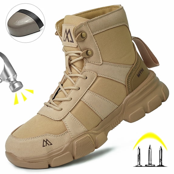 XQJ Men's Steel Toe Work Boots, Comfortable Lightweight Industrial Construction Shoes, Durable High Top Safety Boots - Beige - Size 8.5