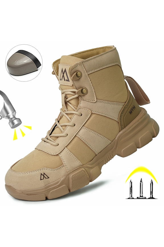 Men's Steel Toe Work Boots, Comfortable Lightweight Industrial Construction Shoes, Durable High Top Safety Boots - Beige - Size 5