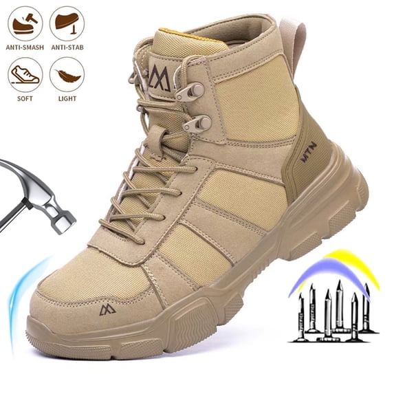 XQJ Men's Steel Toe Work Boots, Comfortable Lightweight Industrial Construction Shoes, Durable High Top Safety Boots - Beige - Size 8.5