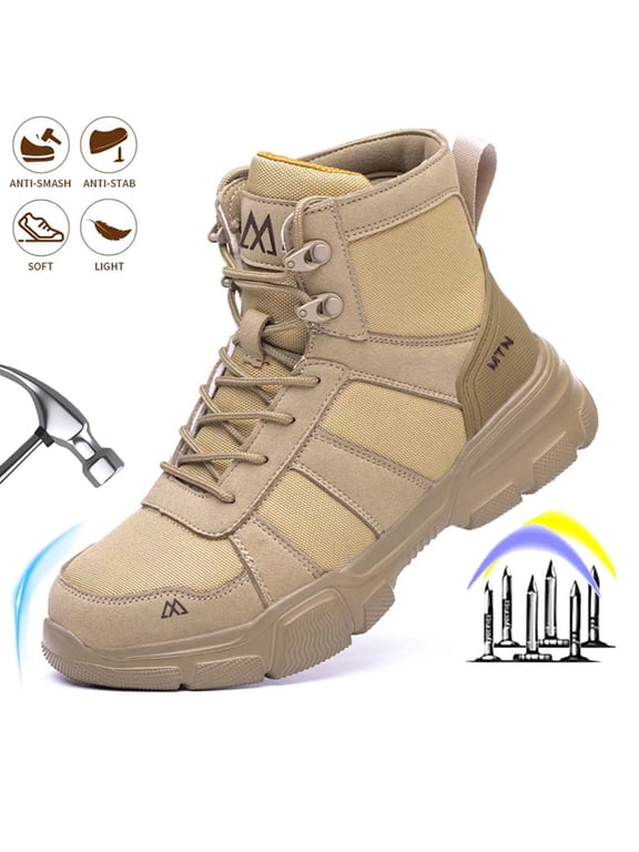 Men's Steel Toe Work Boots, Comfortable Lightweight Industrial Construction Shoes, Durable High Top Safety Boots - Beige - Size 5