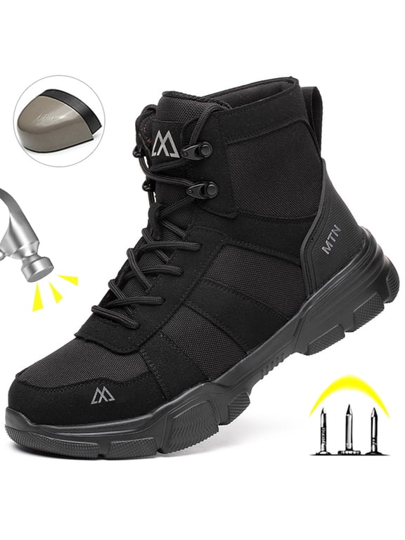 Men's Steel Toe Work Boots, Comfortable Lightweight Industrial Construction Shoes, Durable High Top Safety Boots - Black - Size 5