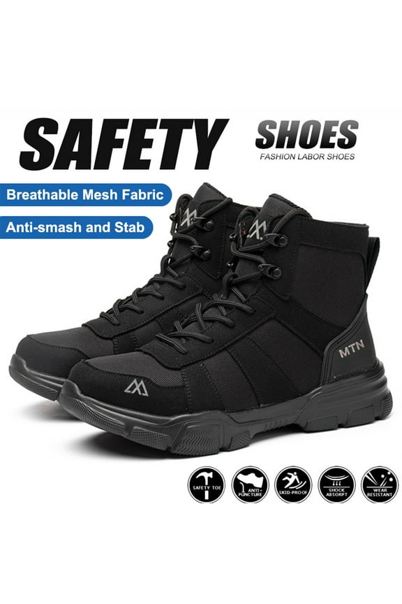 Men's Steel Toe Work Boots, Comfortable Lightweight Industrial Construction Shoes, Durable High Top Safety Boots - Black - Size 7.5