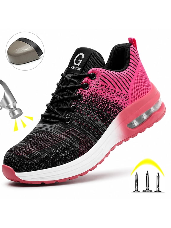 Steel Toe Shoes for women Work Safety Shoes Lightweight Slip Resistant Air Cushion Running Shoes Puncture Proof Tread Sneakers,Pink,Size 5