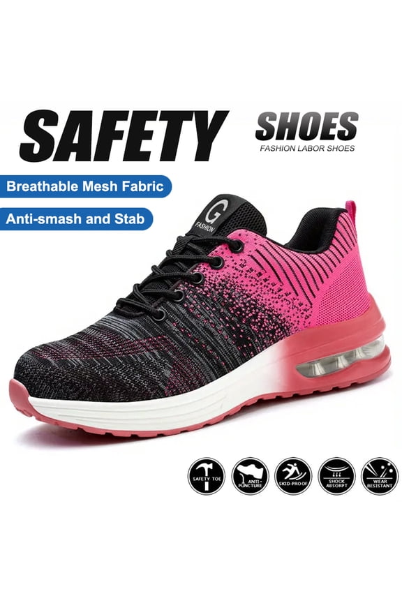 Steel Toe Shoes for women Work Safety Shoes Lightweight Slip Resistant Air Cushion Running Shoes Puncture Proof Tread Sneakers,Pink,Size 6.5