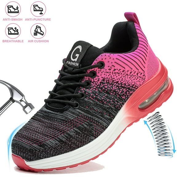 XQJ Steel Toe Shoes for women Work Safety Shoes Lightweight Slip Resistant Air Cushion Running Shoes Puncture Proof Tread Sneakers,Pink,Size 6