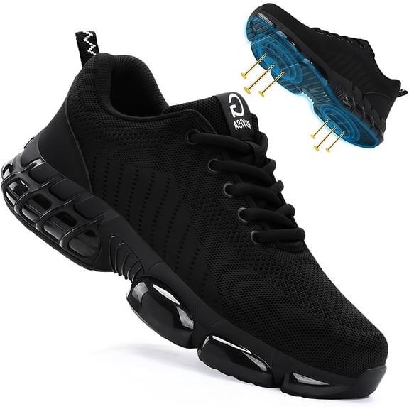 XQJ Work Shoes Lightweight Comfortable Safety Sneakers, Steel Toe, Wide, Black, Size 5