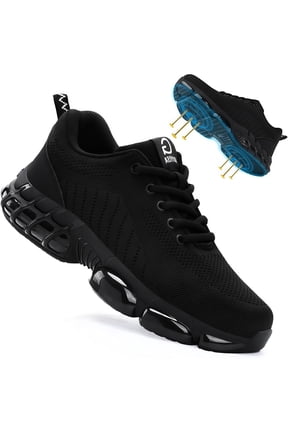 Work Shoes Lightweight Comfortable Safety Sneakers, Steel Toe, Wide, Black, Size 5