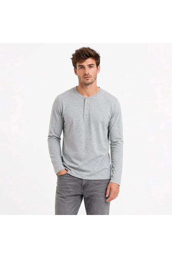 Men's Cotton Henley Long Sleeve T-Shirt, Bio-Washed, Pre-Shrunk, Breathable, Classic Fit, Grey