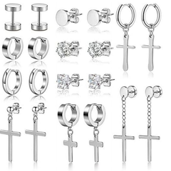 MANNYA 10 Pairs Cool Titanium Steel Hinged Hoop Stud Dangle Earrings for Mens Silver
