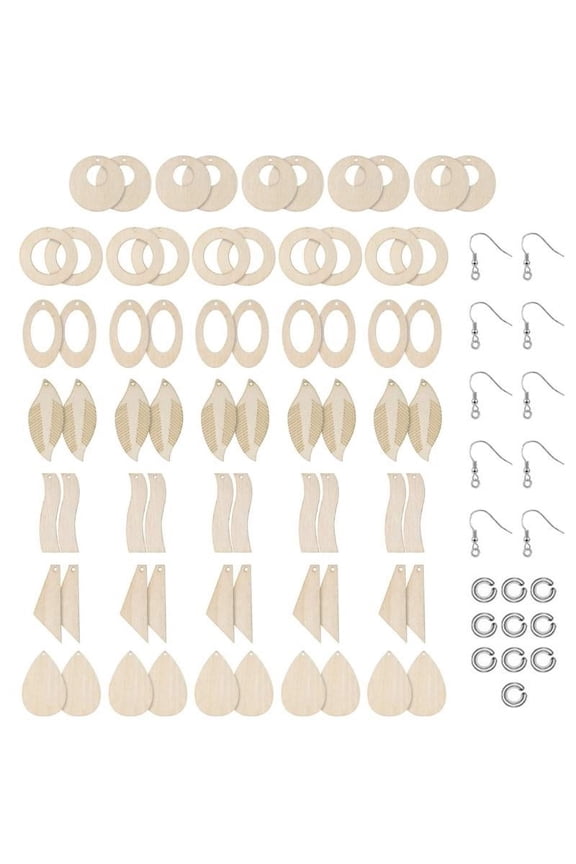 70 Pcs/Set Unfinished Wooden Jewelry Earrings Blanks with Ear Hooks Opening Ring