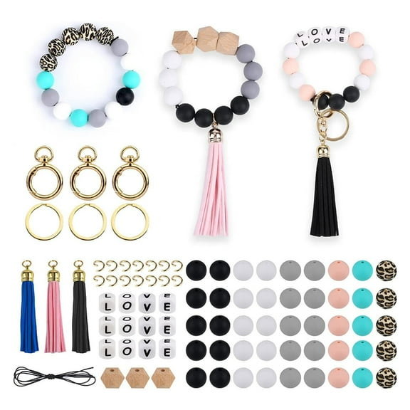 MANNYA 84PCS Silicone Beads Making Kits Keychain Accessories Bead with Elastic Rope Beaded Tassels Bead DIY Keychains Materials
