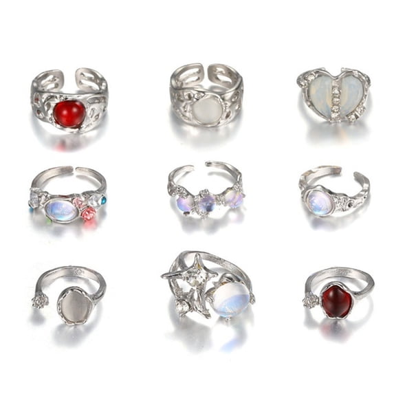 MANNYA 9 Pieces Silver Alloy Rings Set for Women Teens Adjustable Size Crystal Rhinestones Everyday Wear Jewelry