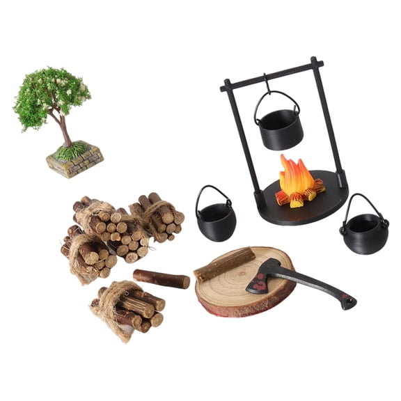 MANNYA Miniature Outdoor Campfire Set with Iron Pots Firewood and Tree for 1/12 Scale Model Scene Display Accessories