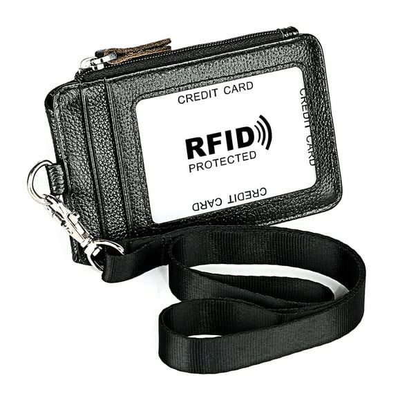 MANNYA Portable Genuine Leather RFID Blocking Business ID Card Credit Holder Lanyard Pu