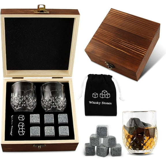 MANNYA Whisky Stones Gift Set Reusable Whisky Ice Cubes Glasses Whiskey Rocks Cooling Stones Wooden Gift Box Best Gifts for Men