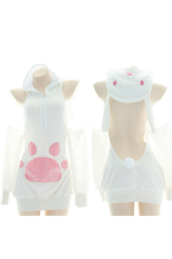 Women Cute Bunny Ears Hoodies Lingerie Sexy Cold Shoulder Backless Sweatshirt Plush for Cat Paw Zipper Cosplay Pajamas
