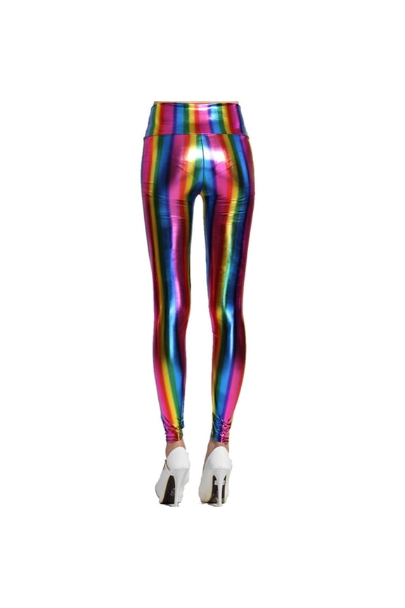 Womens Hologram Metallic Rainbow Leggings Glitter Neon Tights Stripes Printed Hi